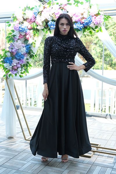 Feminist Draped Sequin Top Detailed Skirt Satin Hijab Evening Dress Black 6502504