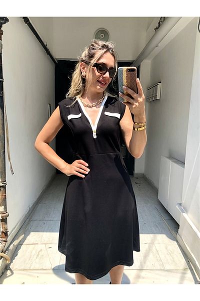 Gözde Tasarım Butik Women's Black Color V-Necklace Modal Fabric Blouse Short Dress