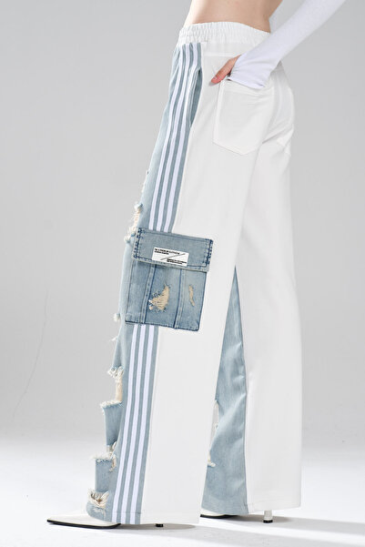 tw3 Women's Knitted Back Denim Stripe Detailed Design Palazzo Fit Trousers