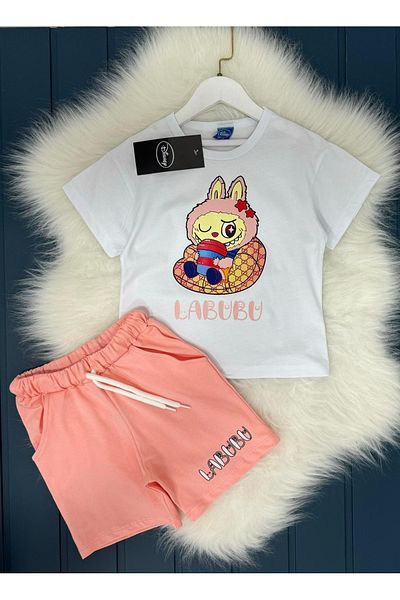 MİNİ İNOWESTA KİDS Girls' Labubu Pattern Short Sleeve Summer Shorts Bottom Top Set