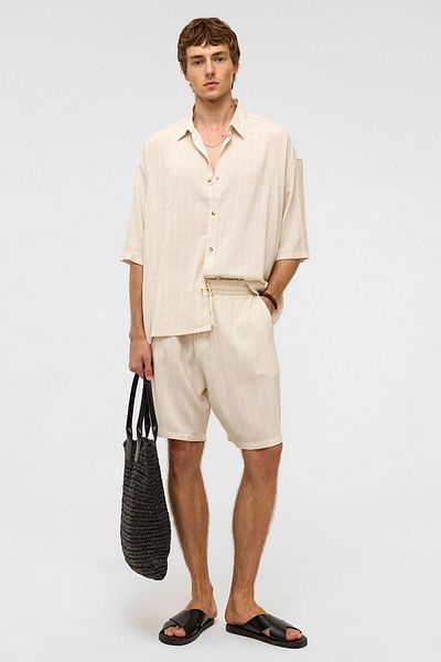 VAMOSCLO Oversize Striped Short Sleeve Linen Shirt White