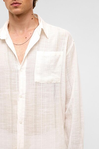 VAMOSCLO Оверсайз смугаста довга рукава лляна сорочка Екрю
