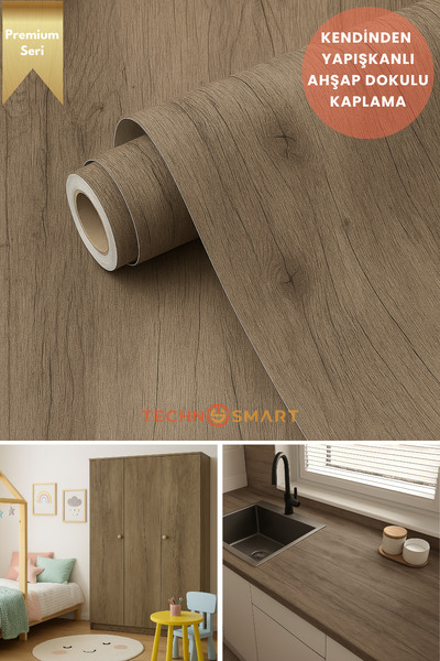 TechnoSmart 60cmx500cm Premium Kendinden Yapışkanlı Doğal Ahşap Görünümlü PVC...