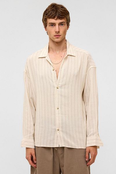 VAMOSCLO Oversize Long Sleeve Striped Linen Shirt Mink