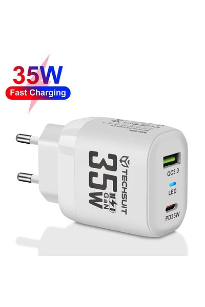 Techsuit GaN Plug Charger, USB, Type-C, 35W - (CHPD174) - White