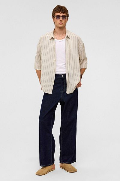 VAMOSCLO Oversize Striped Short Sleeve Linen Shirt Indigo