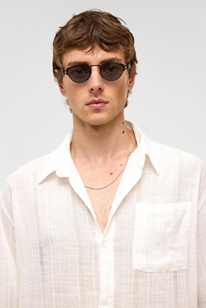 VAMOSCLO Оверсайз смугаста довга рукава лляна сорочка Екрю