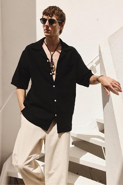 VAMOSCLO Oversize Short Sleeve Muslin Fabric Shirt Black