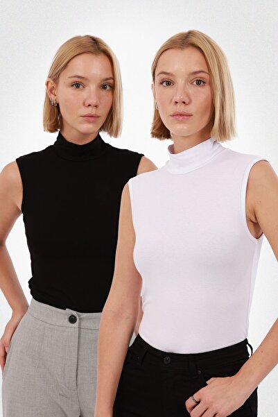 Yade Fashion Kadın Kolsuz Bluz 2’li Set – Siyah Beyaz