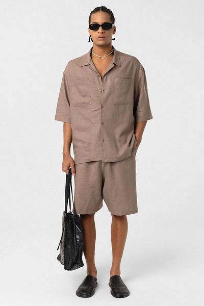 VAMOSCLO Double Pocket Oversize Linen Shirt Mink