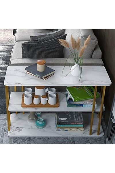 Türkiye Nordic Imitation Marble Sofa Side Table Living Room 3-Tier Storage Shelf Rectangle Golden Wrought Ir