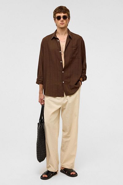 VAMOSCLO Oversize Striped Long Sleeve Linen Shirt Brown