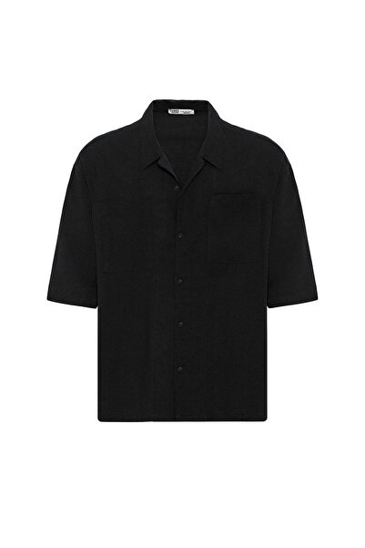 VAMOSCLO Πουκάμισο με διπλή τσέπη oversized λινό μαύρο