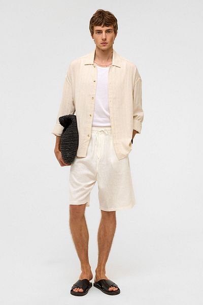 VAMOSCLO Oversize Long Sleeve Striped Linen Shirt White
