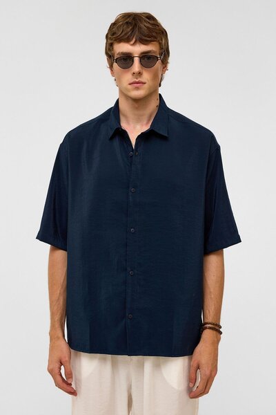 VAMOSCLO Βασικό πουκάμισο oversized με κοντό μανίκι Modal Navy Blue