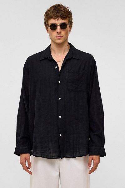 VAMOSCLO Oversize Striped Long Sleeve Linen Shirt Black
