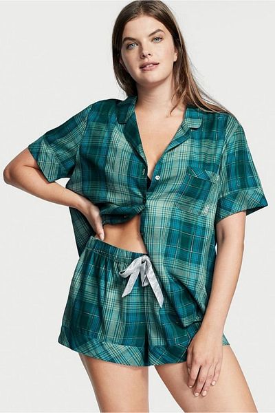DOFİ Women's Plaid Patterned Shorts Set – Buttoned, Pockets, Elastic and Cuff Detail