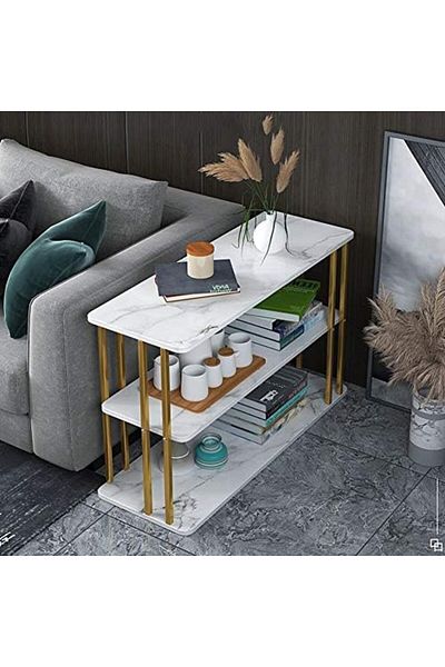 Türkiye Nordic Imitation Marble Sofa Side Table Living Room 3-Tier Storage Shelf Rectangle Golden Wrought Ir