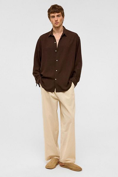 VAMOSCLO Oversize Long Sleeve Linen Shirt Brown