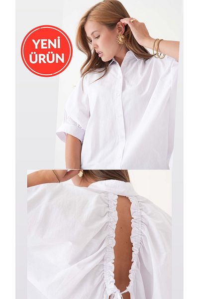 Perryes Women's Oversize Backless Tie-Up Bat Sleeve Shirt White