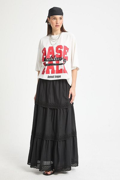 minaaise Black Elastic Waist Brodeled Long Voile Lined Skirt 29263