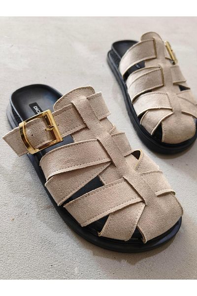 diclepolat Patter Beige Suede Belt Buckle Detailed Flat Sole Women's Slippers