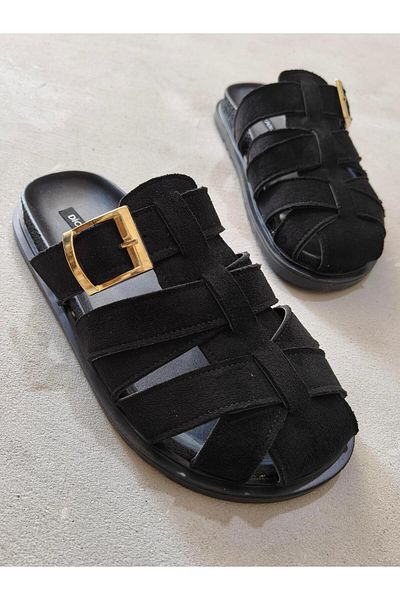 diclepolat Patter Black Suede Belt Buckle Detailed Flat Sole Women's Slippers