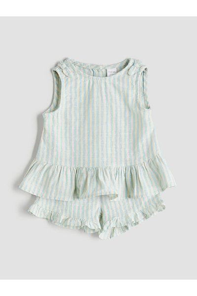 LC Waikiki Blue Crew Neck Ruffle Detailed Baby Girl Blouse and Shorts