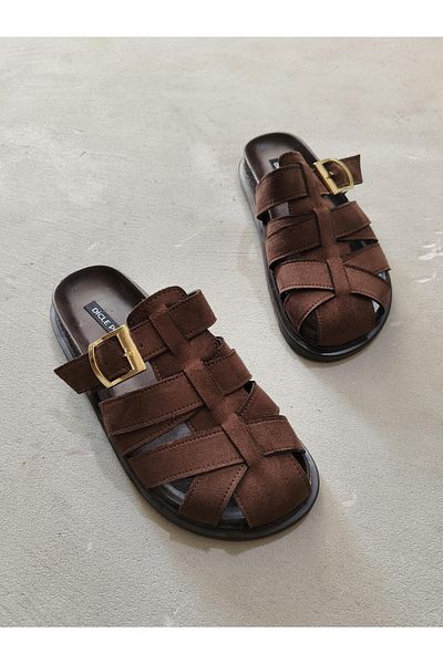 diclepolat Patter Brown Suede Belt Buckle Detailed Flat Sole Women's Slippers