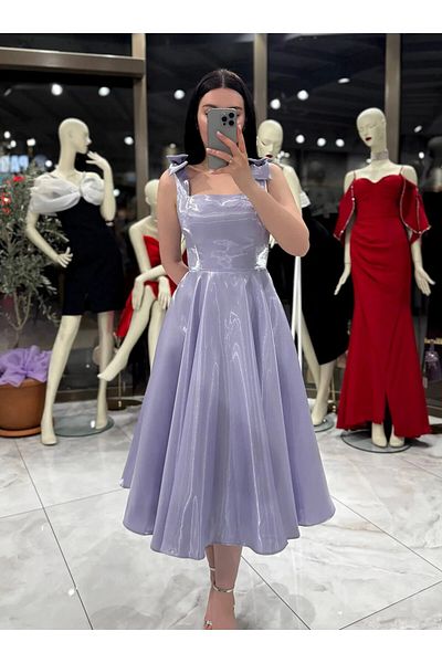Zoe Zoe Wrap Strap Bow Detailed Backless Midi Length Shiny Evening Dress