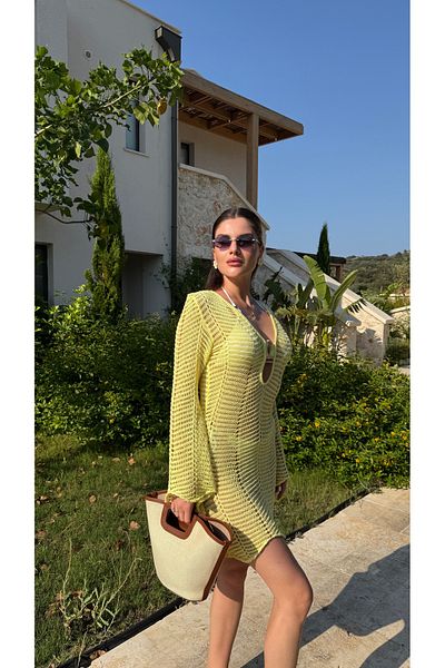 Julidress Yellow Ring Buckle Detailed Openwork Mini Size Beach Dress