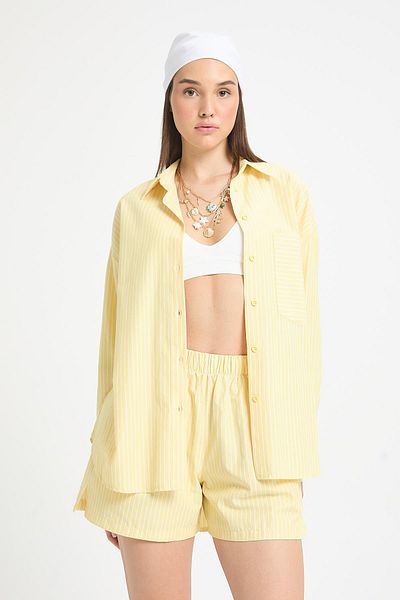 minaaise Yellow White Striped Oversize Shirt/Shorts Bottom-Top Set 27381