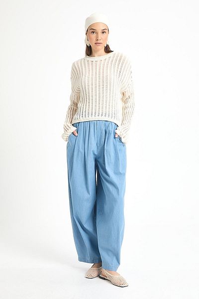 minaaise Light Blue Oversize Cut Elastic Denim Trousers 29274