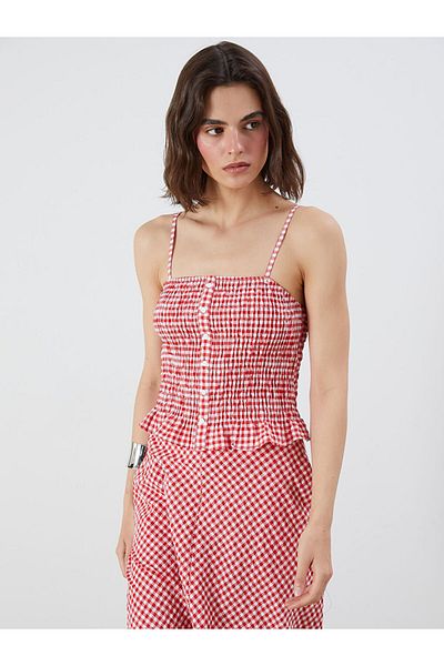 LC Waikiki Red Square Collar Plaid Blouse