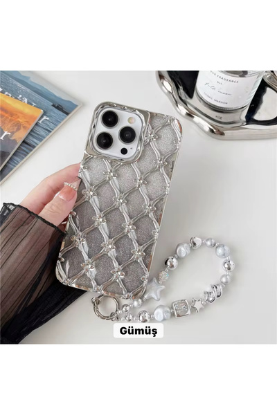 DGN İphone 15 Pro Max Uyumlu Yıldız Çiçek Kaplama Simli Kağıtlı Bileklik Hedi...