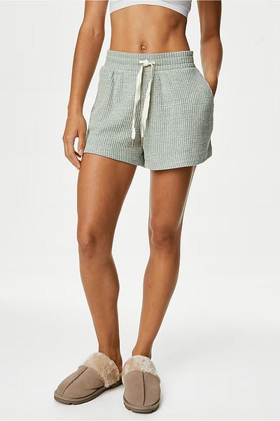 DOFİ Women's Gray Ribbed Shorts Set – T-Shirt with Drawstring Detail, Shorts with Pockets and Drawstring
