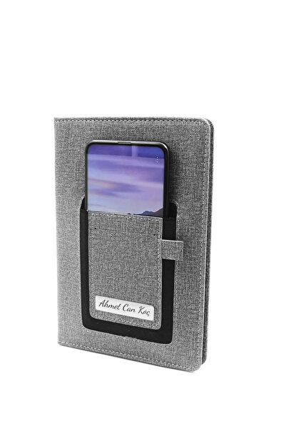 Cömert Hediyelik Eşya Kişiye Özel Cepli Gri Defter Kalem Anahtarlık Hediye seti