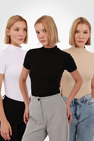 Yade Fashion Kadın Kısa Kollu Bluz 3’lü Set – Siyah Beyaz Ekru