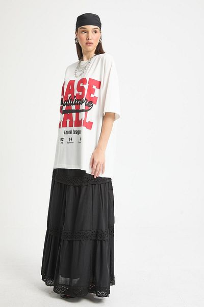 minaaise Black Elastic Waist Brodeled Long Voile Lined Skirt 29263