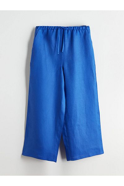 LC Waikiki Blue 100% Linen Women's Trousers with Elastic Waist