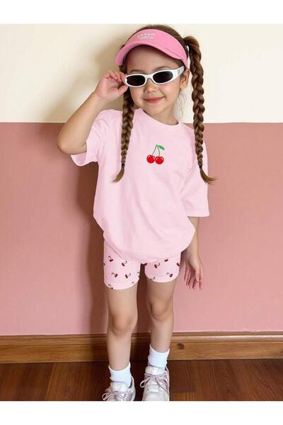 BYMEER Момичешки комплект с розова блуза и шорти с черешови мотиви