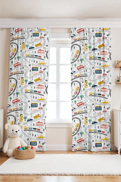 EVPANYA White City Traffic Patterned Children's Baby Room Background Curtain (Single Wing Pricing)
