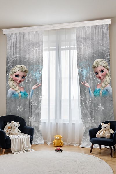 EVPANYA Snow Crystal Gray Elsa Patterned Children's Baby Room Background Curtain (Single Wing Pricing)