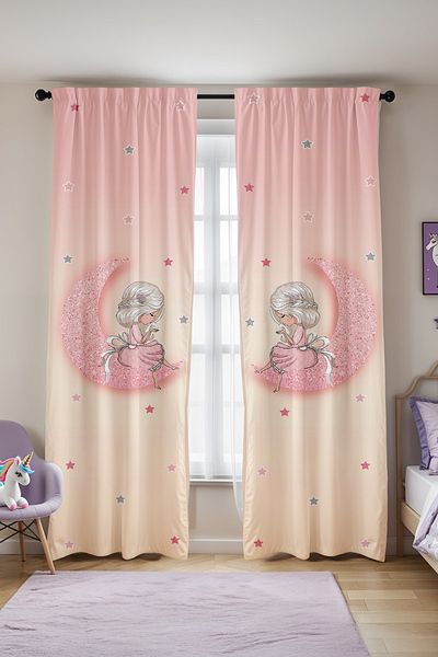 EVPANYA Princess on the Twinkling Moon Patterned Children's Baby Room Background Curtain (Single Wing Pricing)