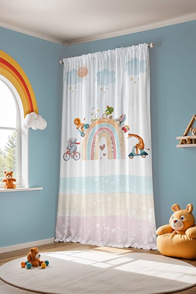 EVPANYA Gökkuşağında Yarışan Safari Desenli Çocuk Bebek Odası Fon Perde (Tek Kanat Fiyatlandırma)