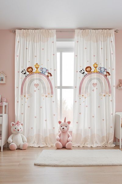EVPANYA Pink Heart Rainbow Safari Patterned Children's Baby Room Background Curtain (Single Wing Pricing)