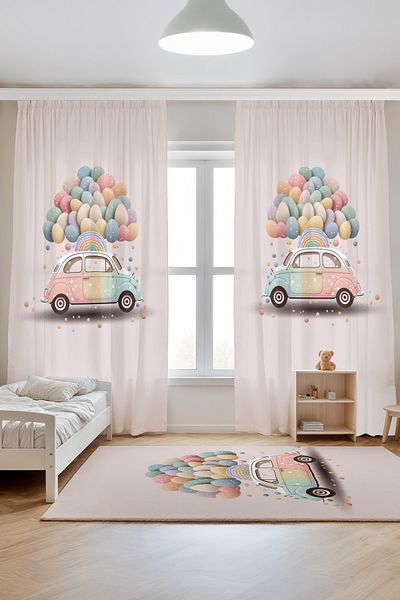 EVPANYA Pink Pastel Car Patterned Children's Baby Room Background Curtain (Single Wing Pricing)