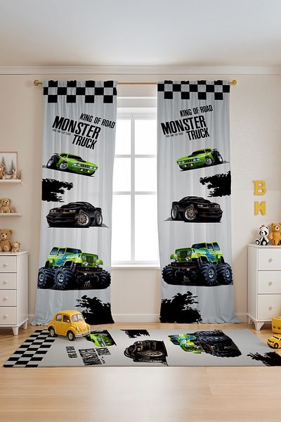 EVPANYA Black Monster Truck Patterned Children's Baby Room Background Curtain (Single Wing Pricing)