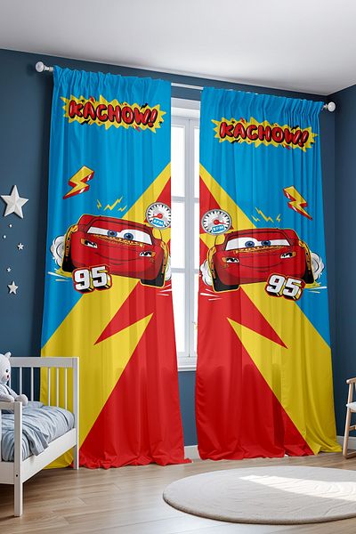 EVPANYA Blue Red Mcqueen Patterned Children's Baby Room Background Curtain (Single Wing Pricing)