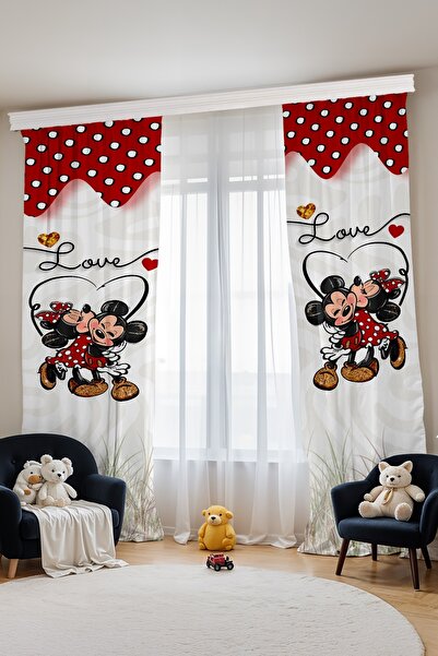 EVPANYA Mickey ve Minnie Desenli Çocuk Bebek Odası Fon Perde (Tek Kanat Fiyatlandırma)